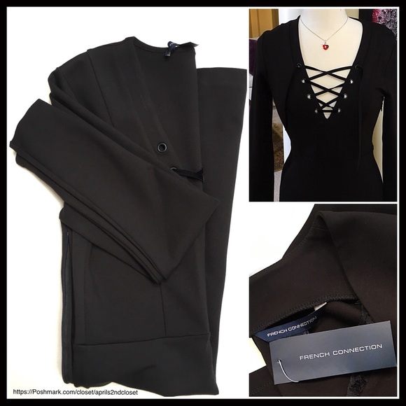 FRENCH CONNECTION BLACK LACE UP V-NECK KNIT MINI DRESS A3C - Picture 5 of 8